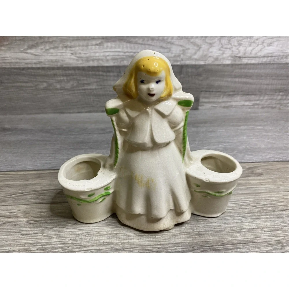 VTG Dutch Girl With Water Buckets 1950's Ceramic Planter Figurine 6.5